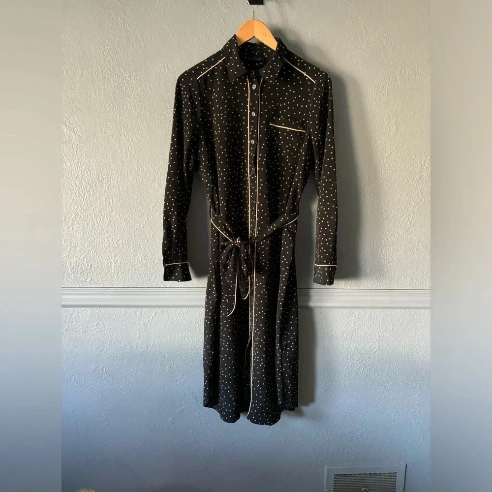 Who What Wear Gold & Black Polka Dot Tie Waist Midi Dress M